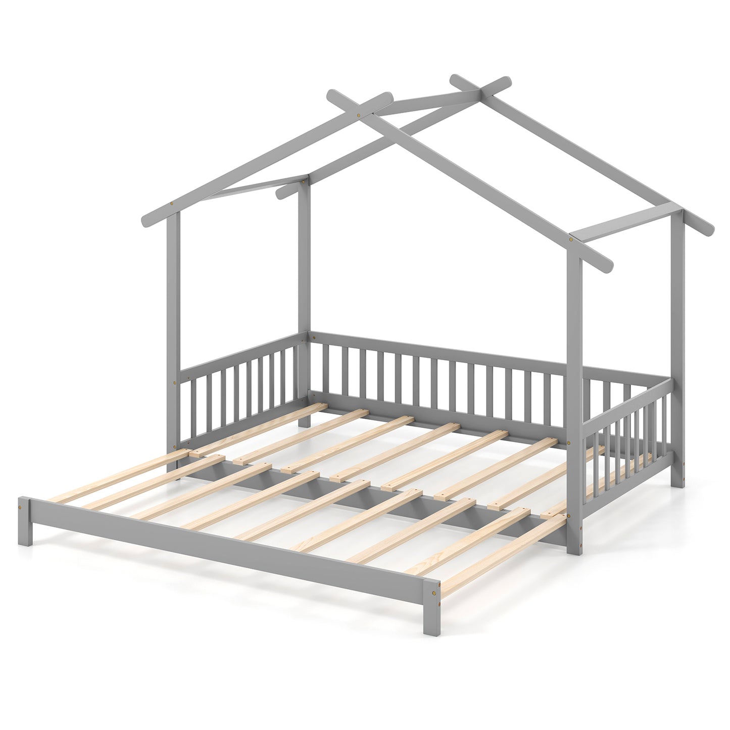 Extendable House Bed Twin to King Daybed with Roof and Fence Rails-Gray Kids Crystal