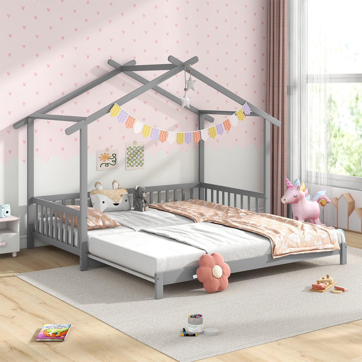 Extendable House Bed Twin to King Daybed with Roof and Fence Rails-Gray Kids Crystal