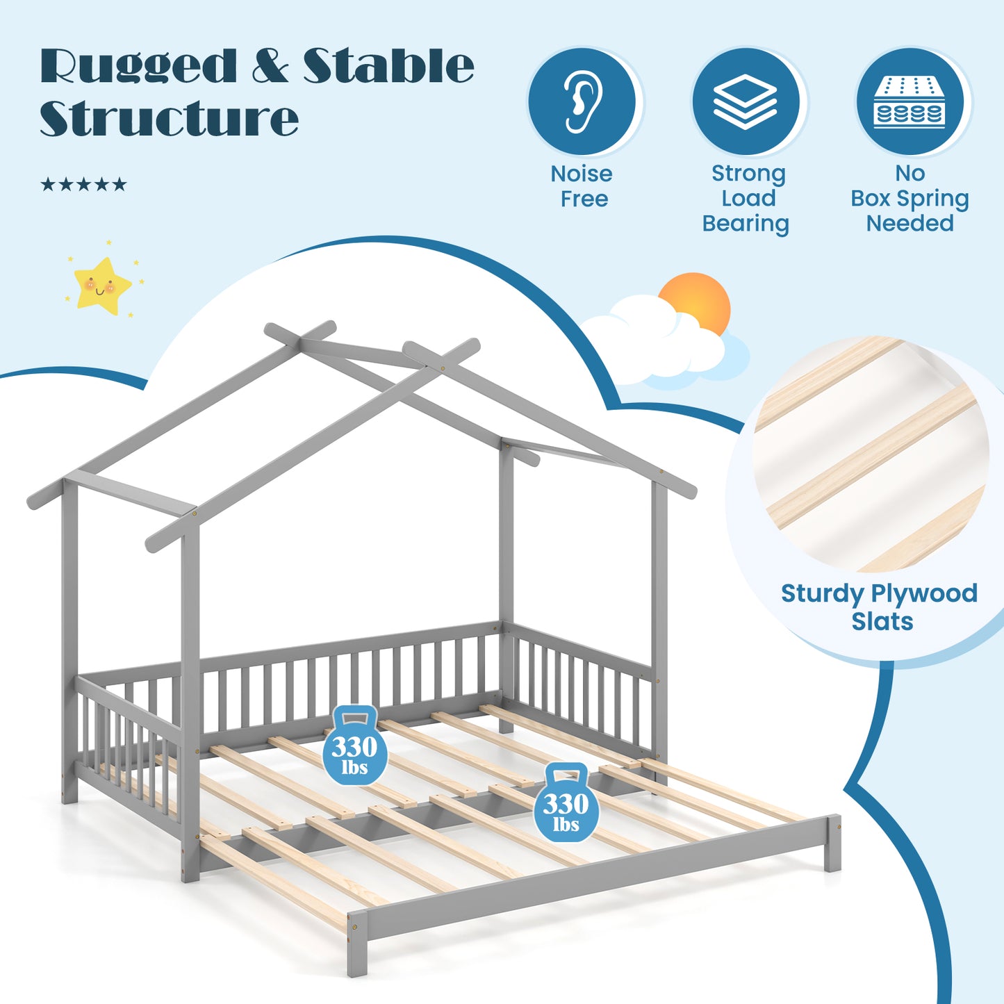 Extendable House Bed Twin to King Daybed with Roof and Fence Rails-Gray Kids Crystal