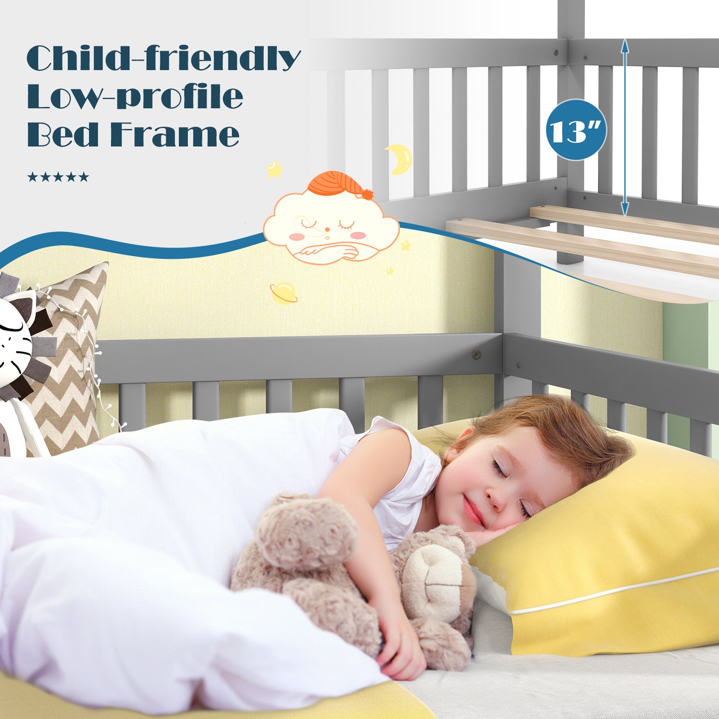 Extendable House Bed Twin to King Daybed with Roof and Fence Rails-Gray Kids Crystal
