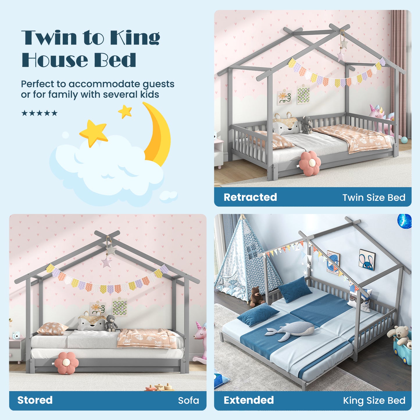 Extendable House Bed Twin to King Daybed with Roof and Fence Rails-Gray Kids Crystal