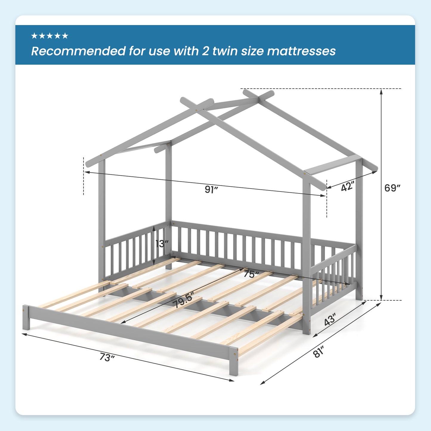 Extendable House Bed Twin to King Daybed with Roof and Fence Rails-Gray Kids Crystal