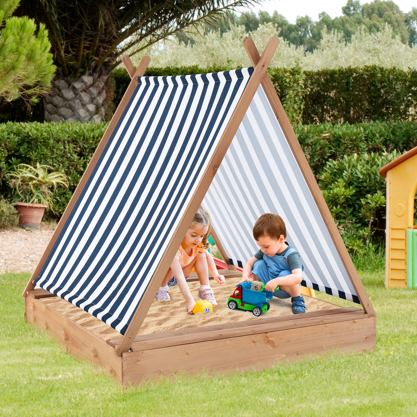 49 x 48 Inch Kids Wooden Sandbox with Cover and 2 Bench Seats Kids Crystal