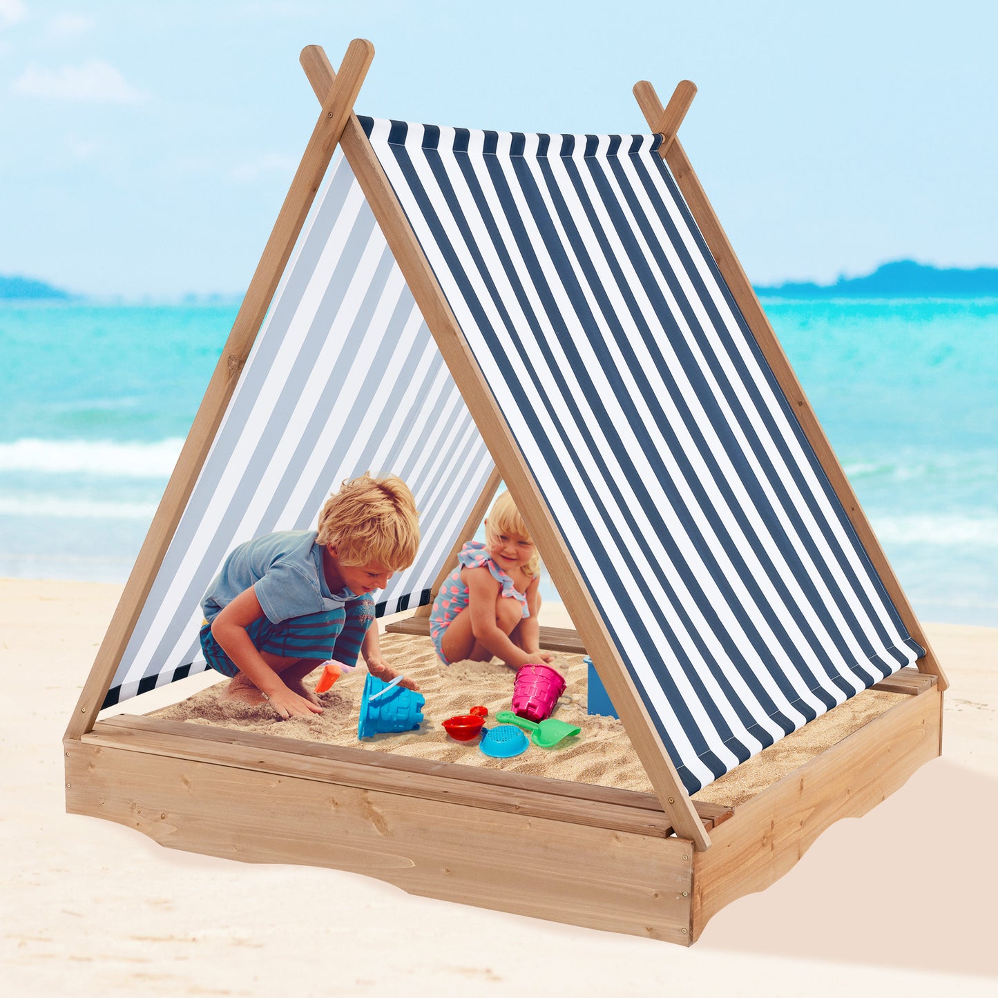 49 x 48 Inch Kids Wooden Sandbox with Cover and 2 Bench Seats Kids Crystal
