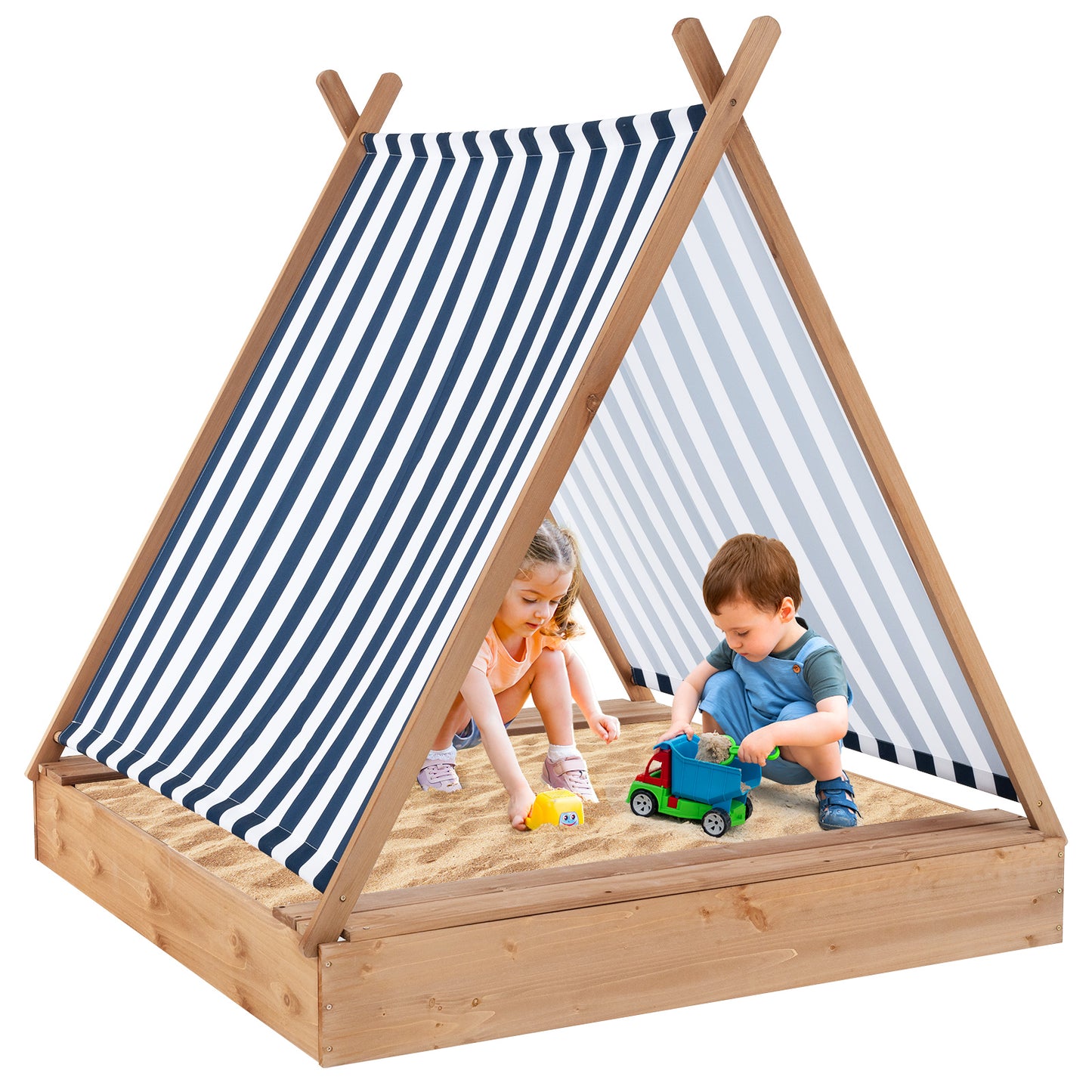 49 x 48 Inch Kids Wooden Sandbox with Cover and 2 Bench Seats Kids Crystal