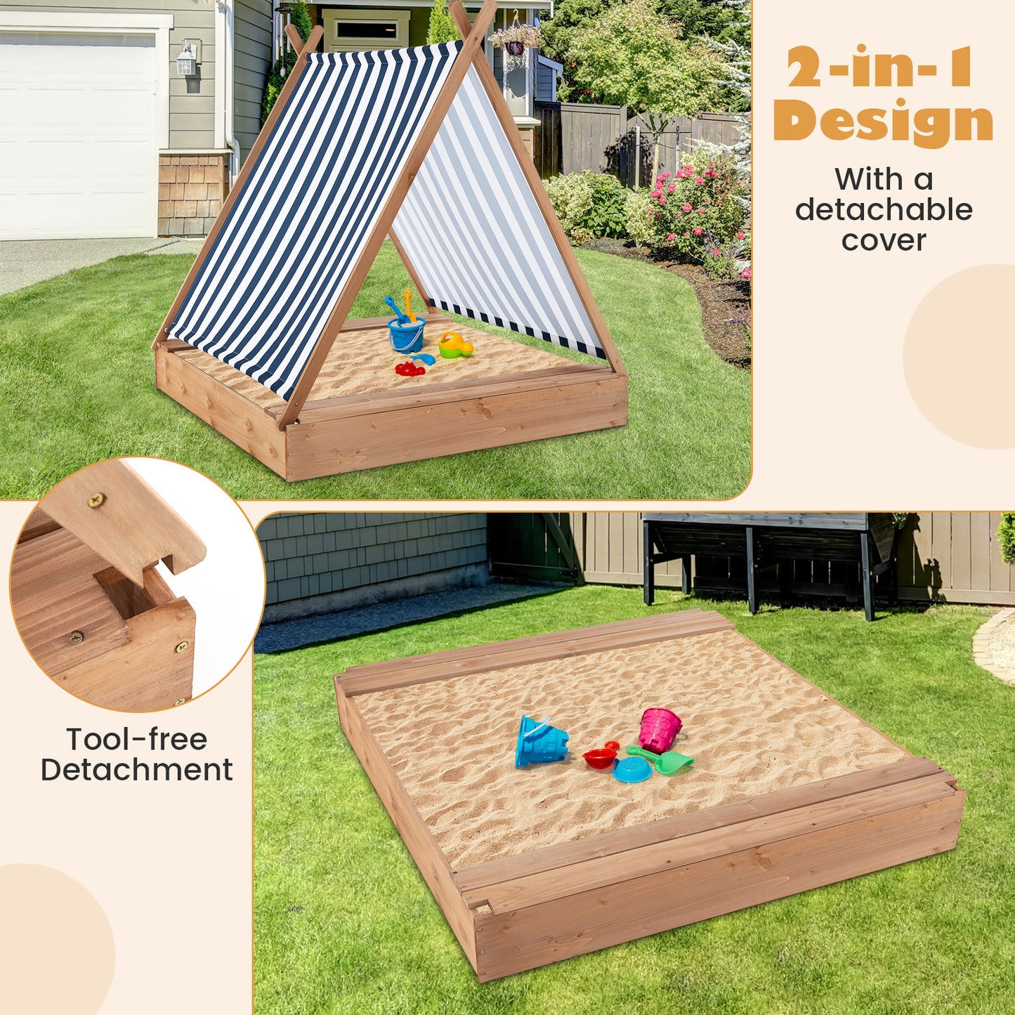 49 x 48 Inch Kids Wooden Sandbox with Cover and 2 Bench Seats Kids Crystal