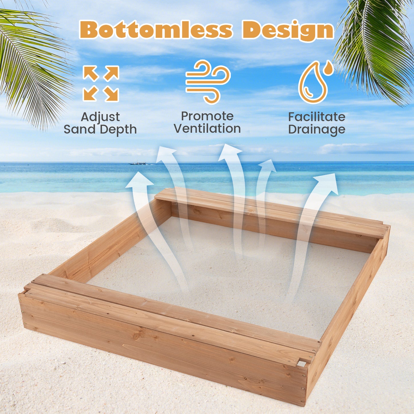 49 x 48 Inch Kids Wooden Sandbox with Cover and 2 Bench Seats Kids Crystal