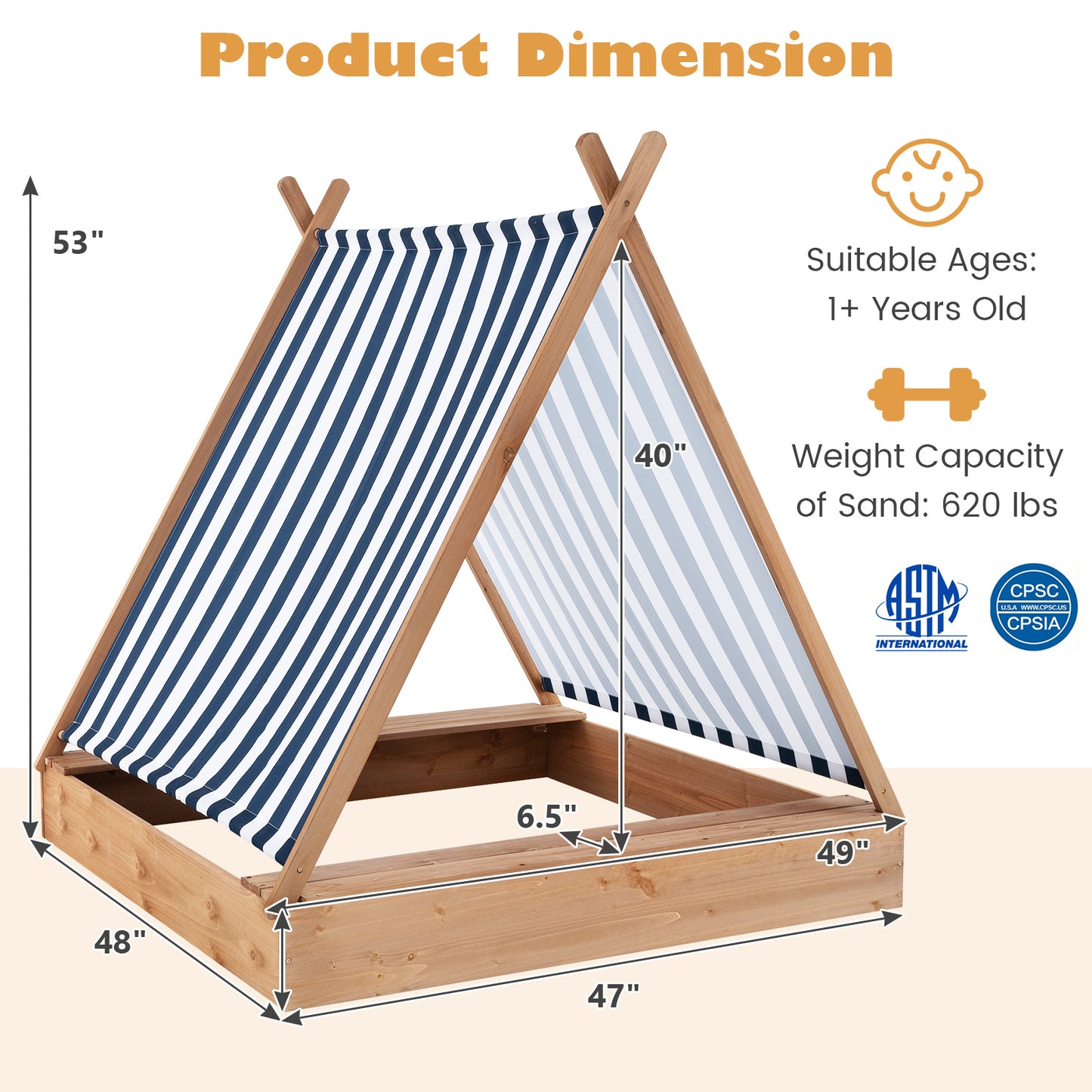 49 x 48 Inch Kids Wooden Sandbox with Cover and 2 Bench Seats Kids Crystal