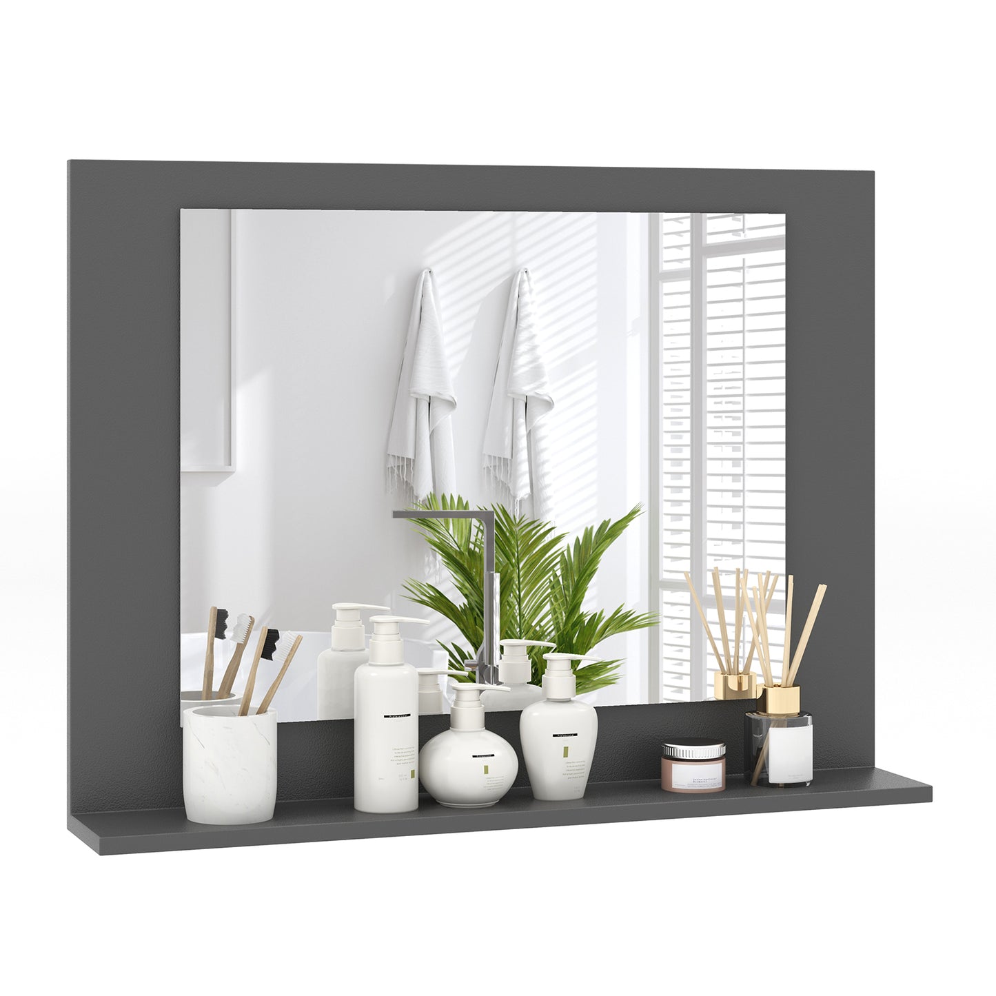 Rectangle Bathroom Mirror with Shelf 23.5 x 17.5 Inch and Wood Frame-Gray Kids Crystal