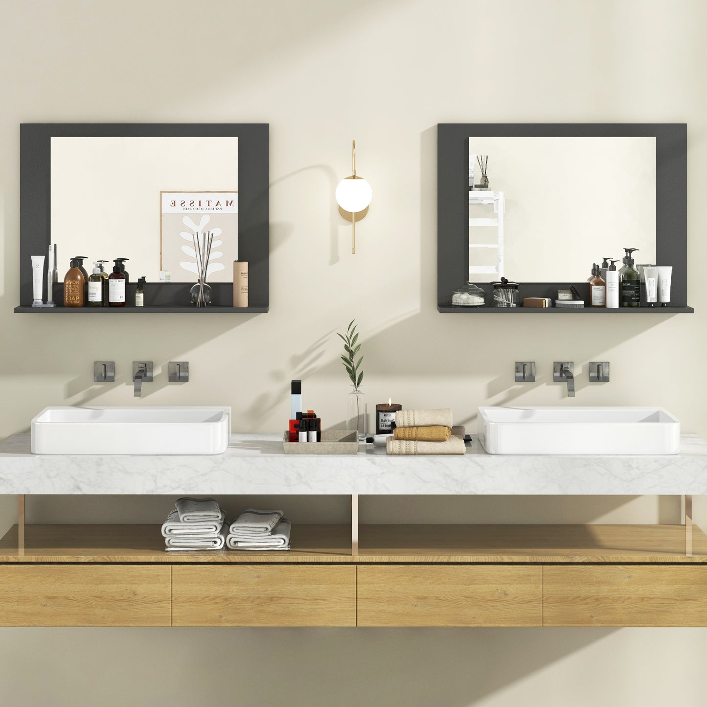 Rectangle Bathroom Mirror with Shelf 23.5 x 17.5 Inch and Wood Frame-Gray Kids Crystal