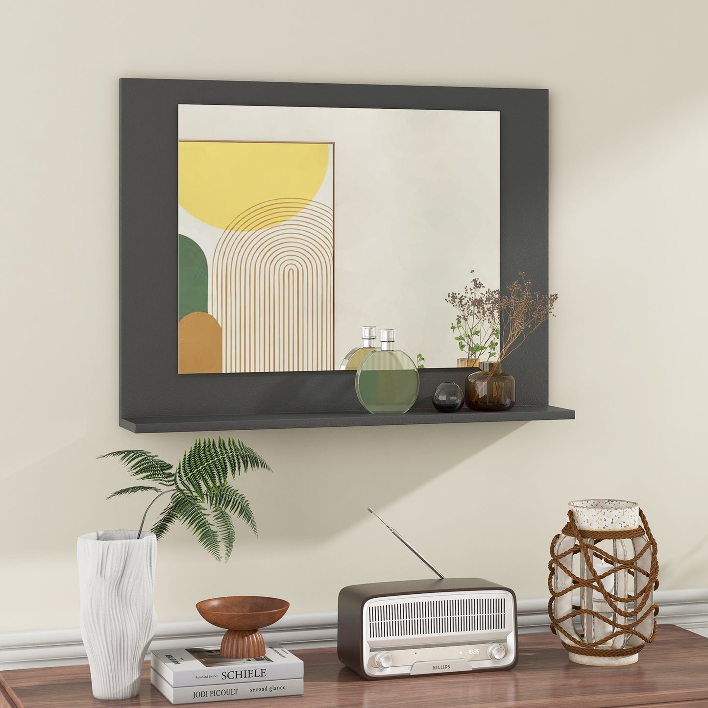 Rectangle Bathroom Mirror with Shelf 23.5 x 17.5 Inch and Wood Frame-Gray Kids Crystal