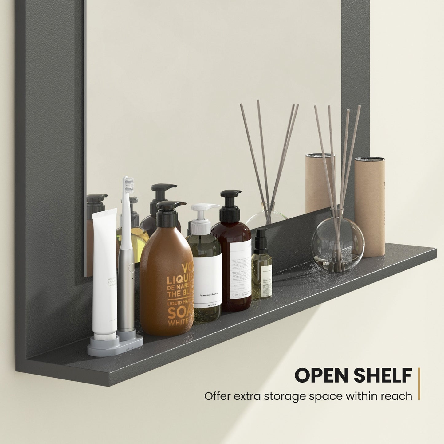 Rectangle Bathroom Mirror with Shelf 23.5 x 17.5 Inch and Wood Frame-Gray Kids Crystal