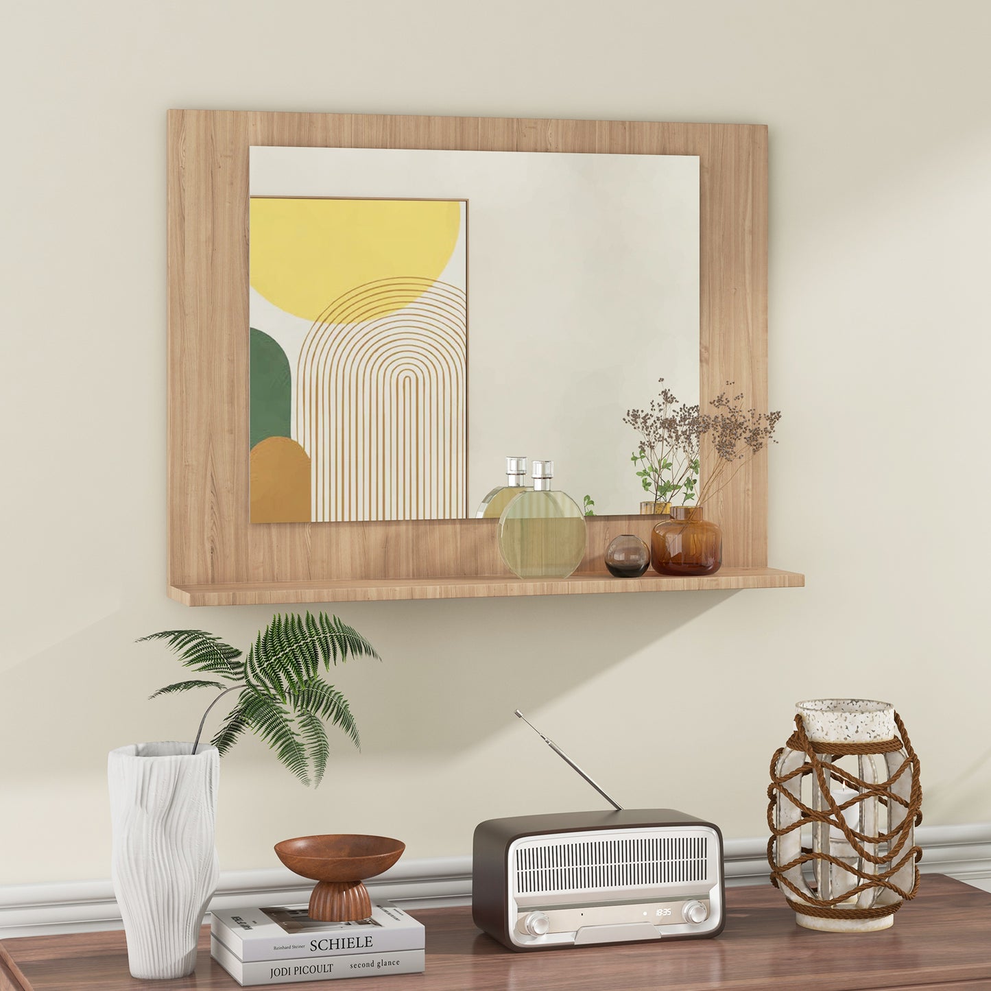 Rectangle Bathroom Mirror with Shelf 23.5 x 17.5 Inch and Wood Frame-Brown Kids Crystal