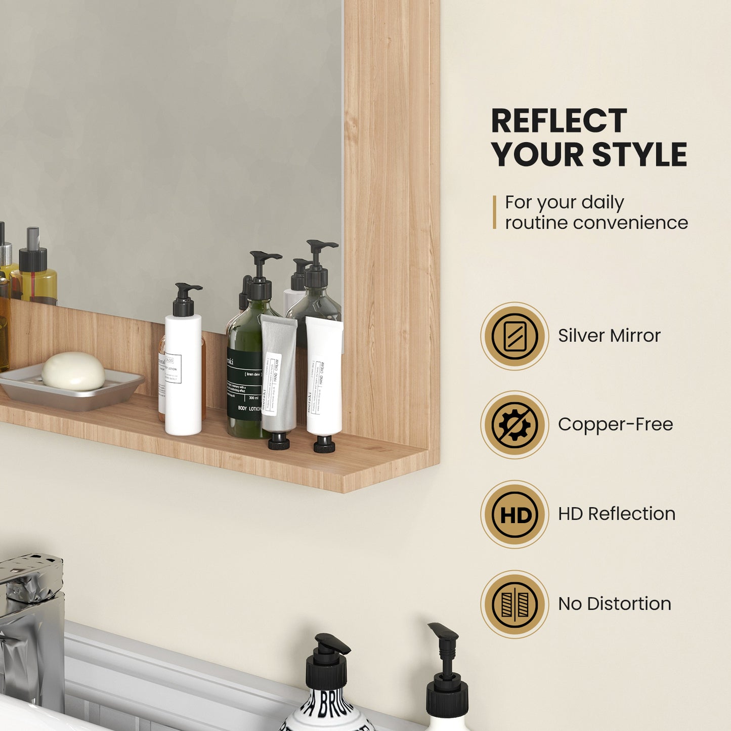 Rectangle Bathroom Mirror with Shelf 23.5 x 17.5 Inch and Wood Frame-Brown Kids Crystal