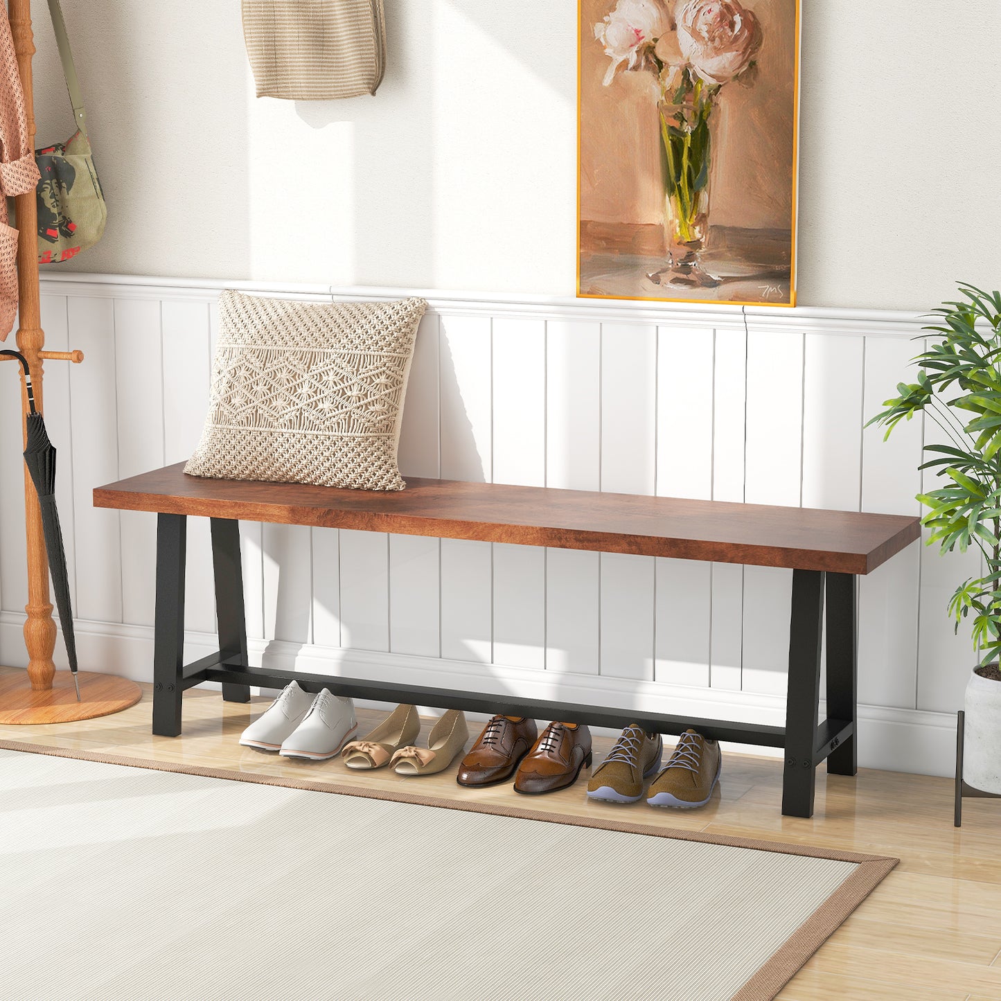 60 Inch Dining Bench 3 Person Entryway Shoe Bench with Metal Frame-60 inches Kids Crystal