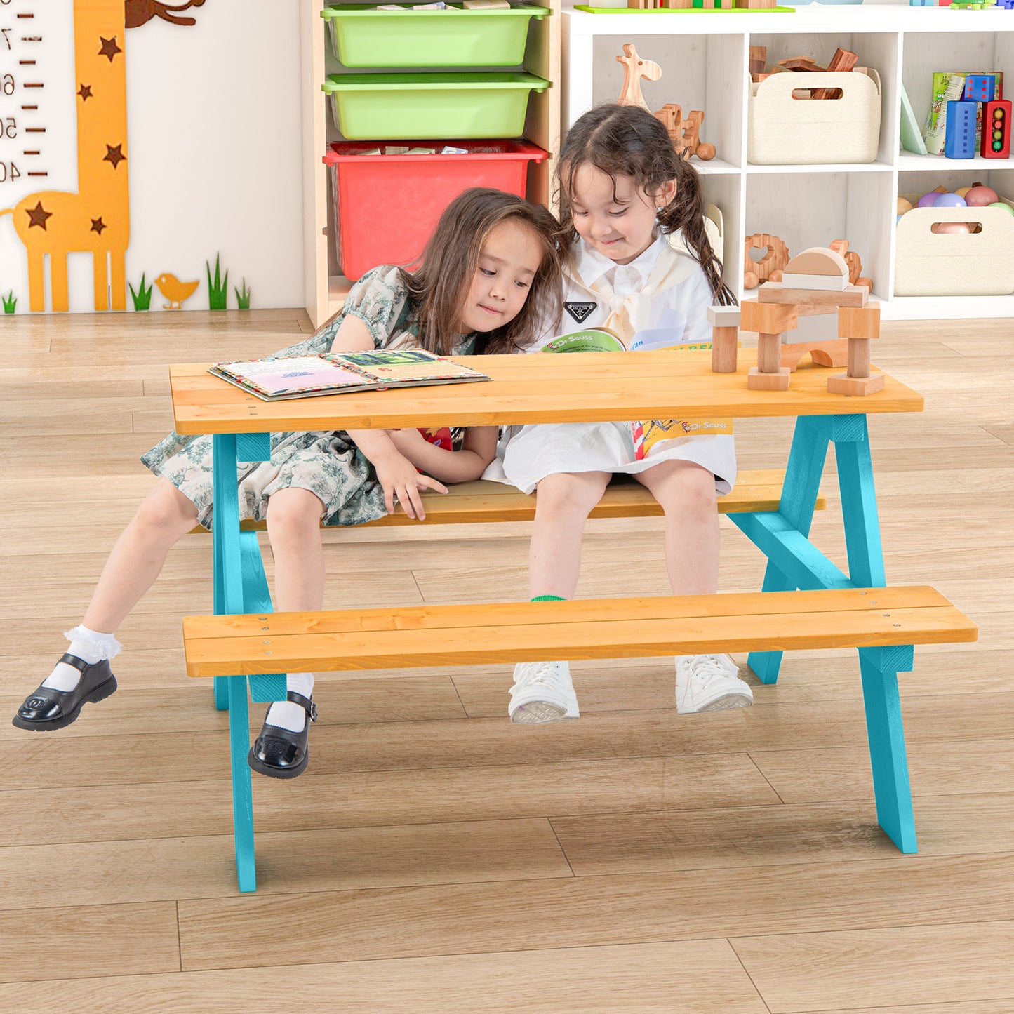 Children Outdoor Wooden Table with Bench Seats for Indoor and Outdoor Use-Natural Kids Crystal
