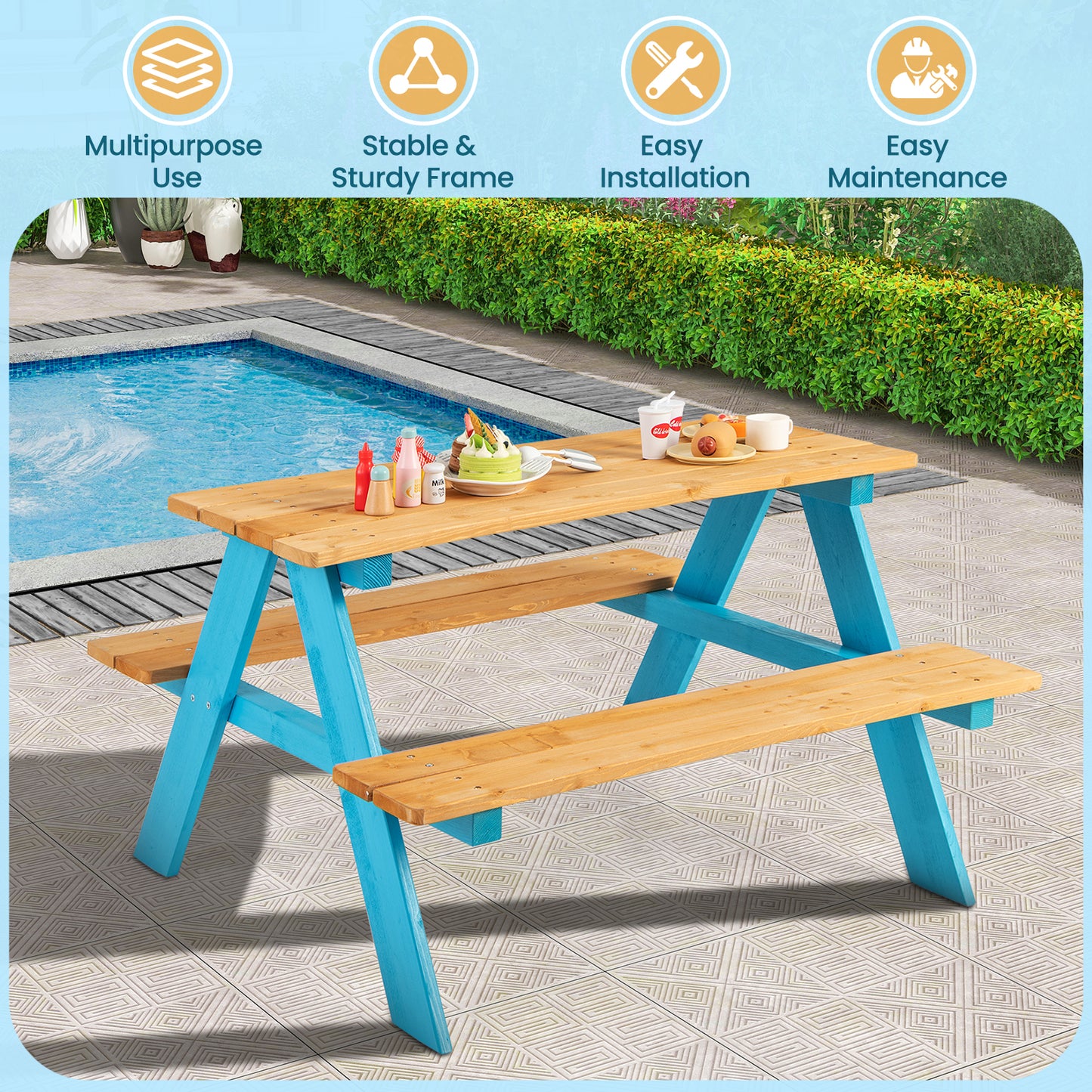Children Outdoor Wooden Table with Bench Seats for Indoor and Outdoor Use-Natural Kids Crystal