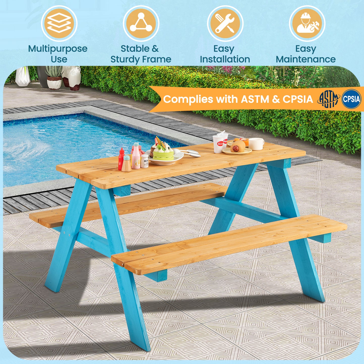 Children Outdoor Wooden Table with Bench Seats for Indoor and Outdoor Use-Natural Kids Crystal