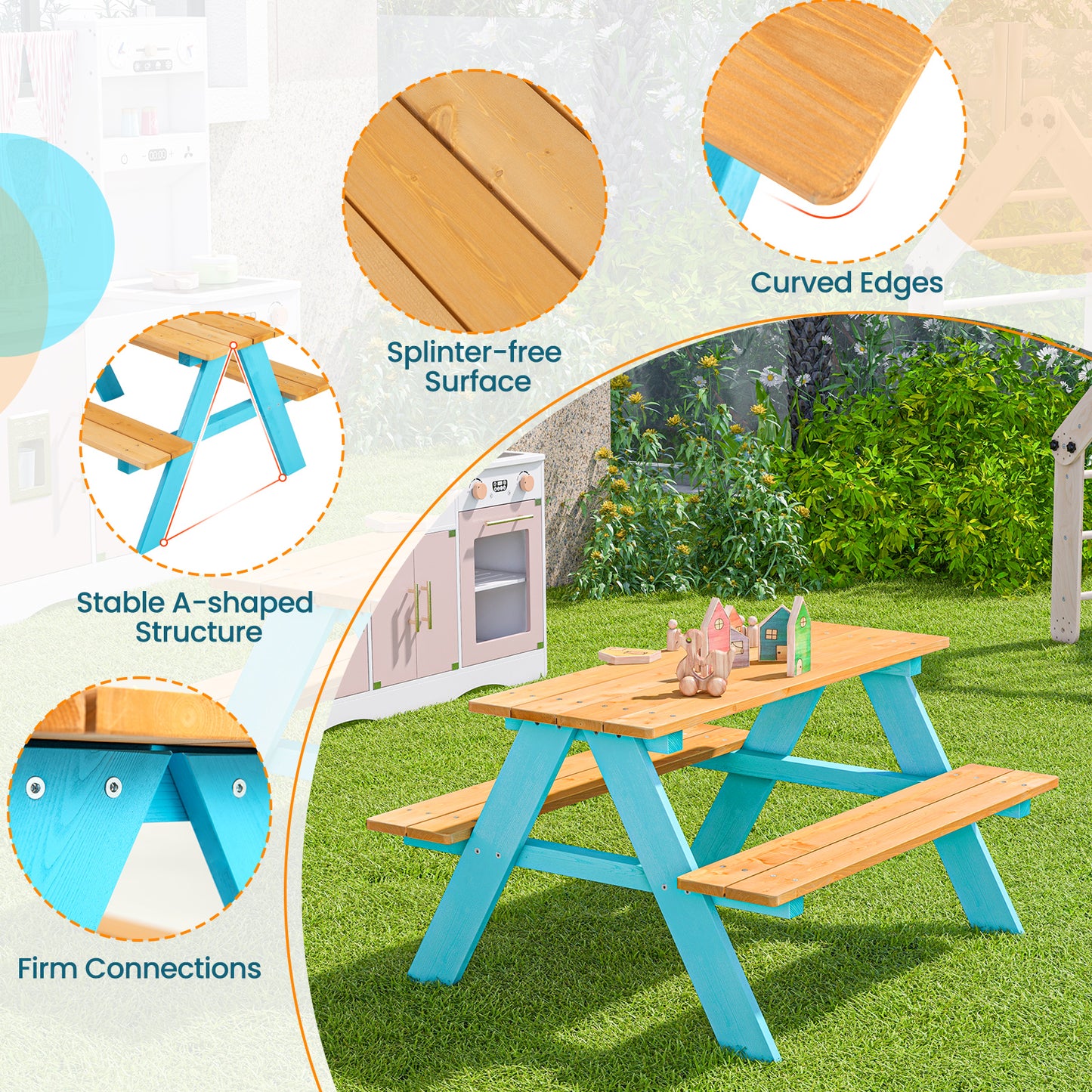 Children Outdoor Wooden Table with Bench Seats for Indoor and Outdoor Use-Natural Kids Crystal