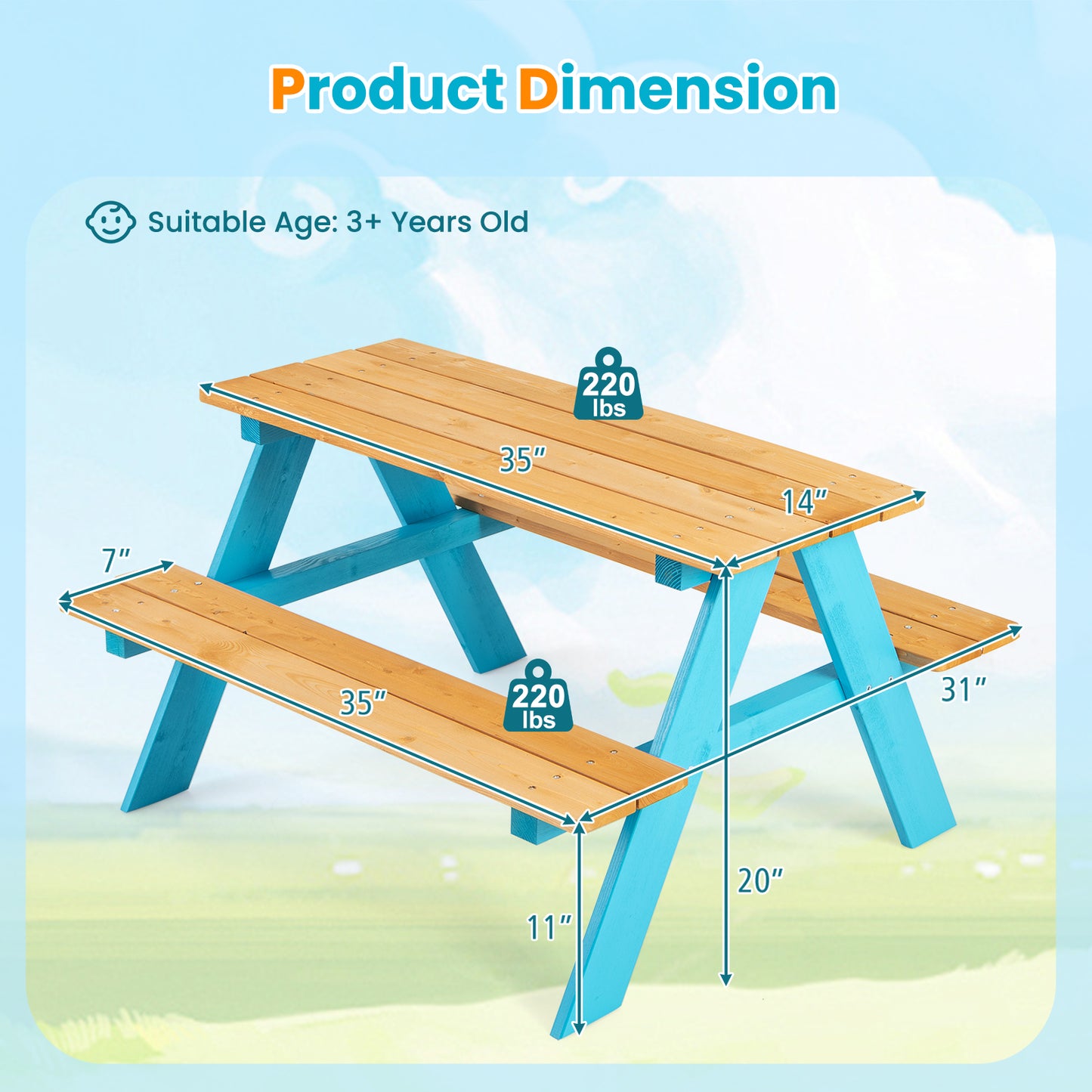 Children Outdoor Wooden Table with Bench Seats for Indoor and Outdoor Use-Natural Kids Crystal