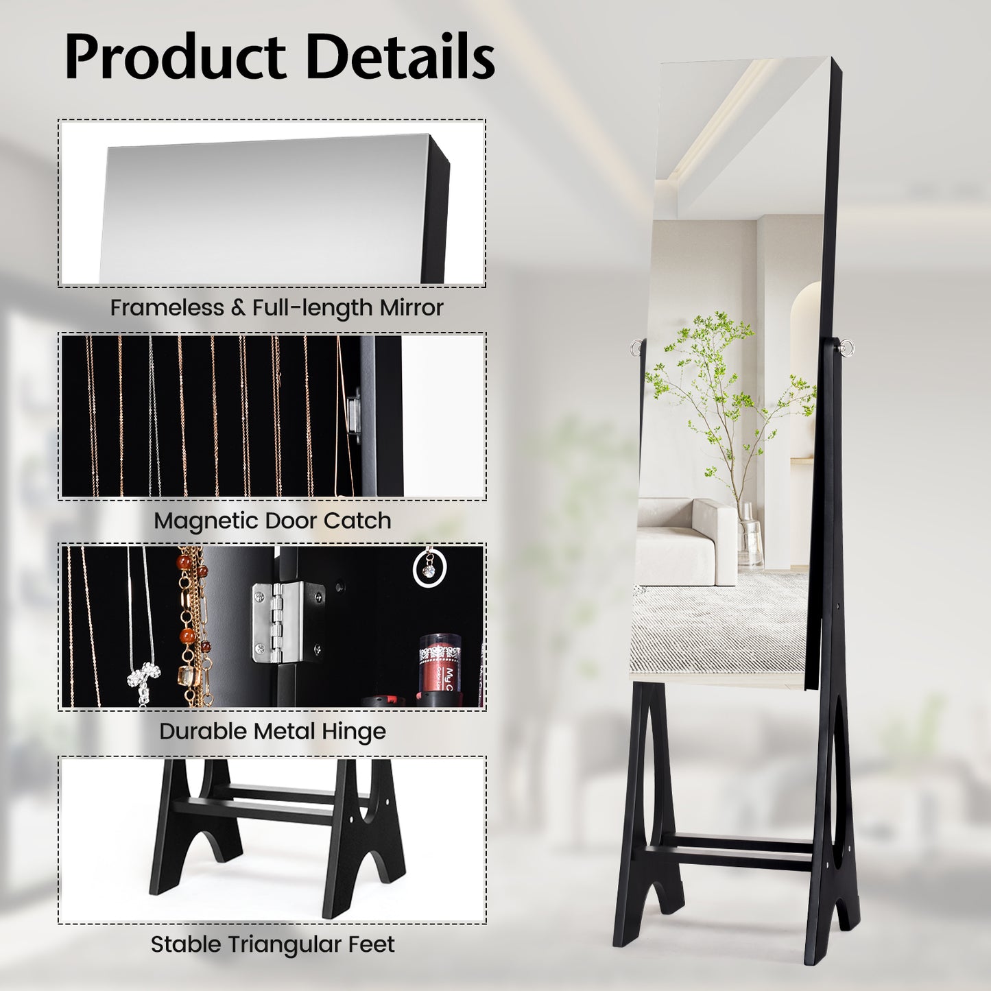 Standing Mirror Jewelry Cabinet-Black Kids Crystal