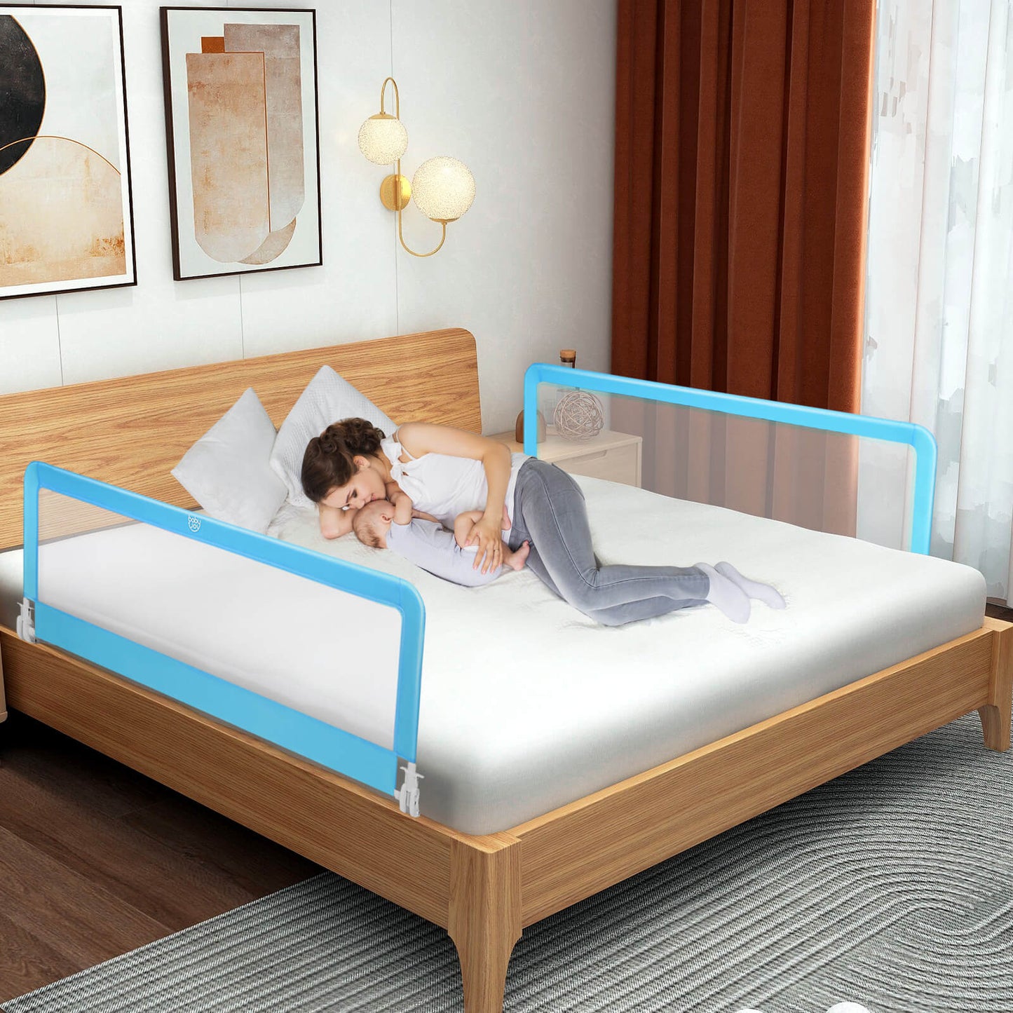 59 Inch Extra Long Folding Breathable Baby Children Toddlers Bed Rail Guard with Safety Strap-Blue Kids Crystal