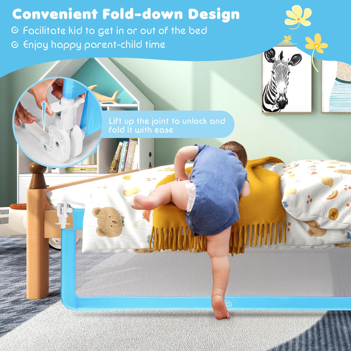 59 Inch Extra Long Folding Breathable Baby Children Toddlers Bed Rail Guard with Safety Strap-Blue Kids Crystal