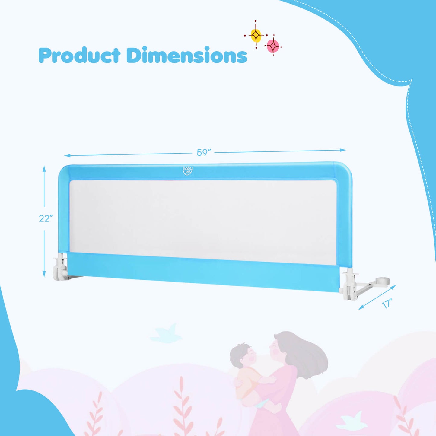 59 Inch Extra Long Folding Breathable Baby Children Toddlers Bed Rail Guard with Safety Strap-Blue Kids Crystal