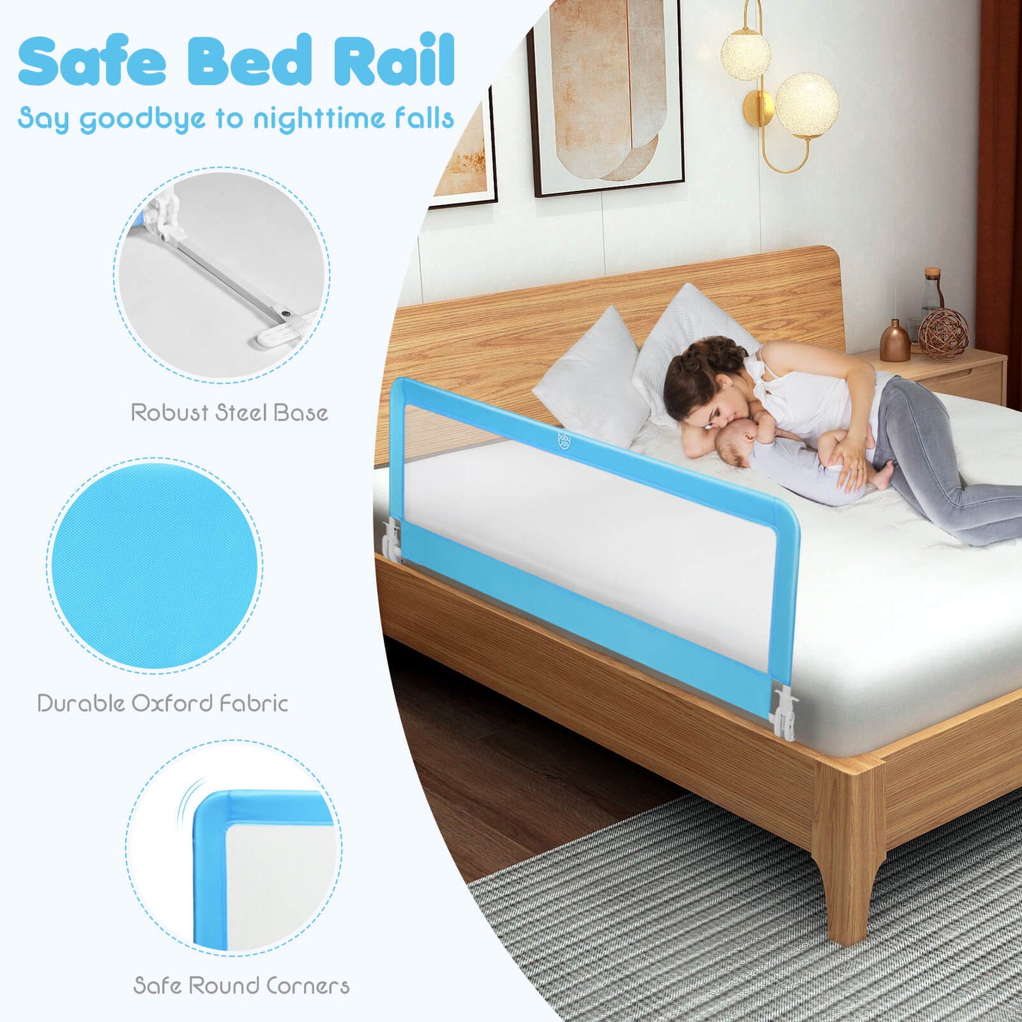 59 Inch Extra Long Folding Breathable Baby Children Toddlers Bed Rail Guard with Safety Strap-Blue Kids Crystal