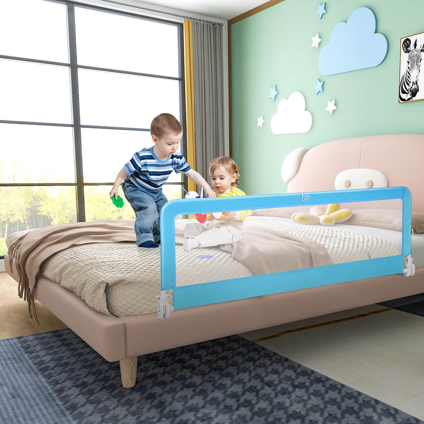 59 Inch Extra Long Folding Breathable Baby Children Toddlers Bed Rail Guard with Safety Strap-Blue Kids Crystal