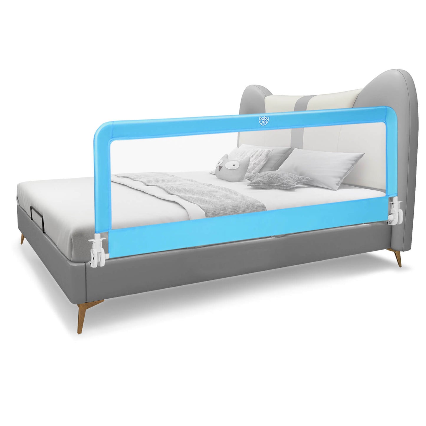 59 Inch Extra Long Folding Breathable Baby Children Toddlers Bed Rail Guard with Safety Strap-Blue Kids Crystal