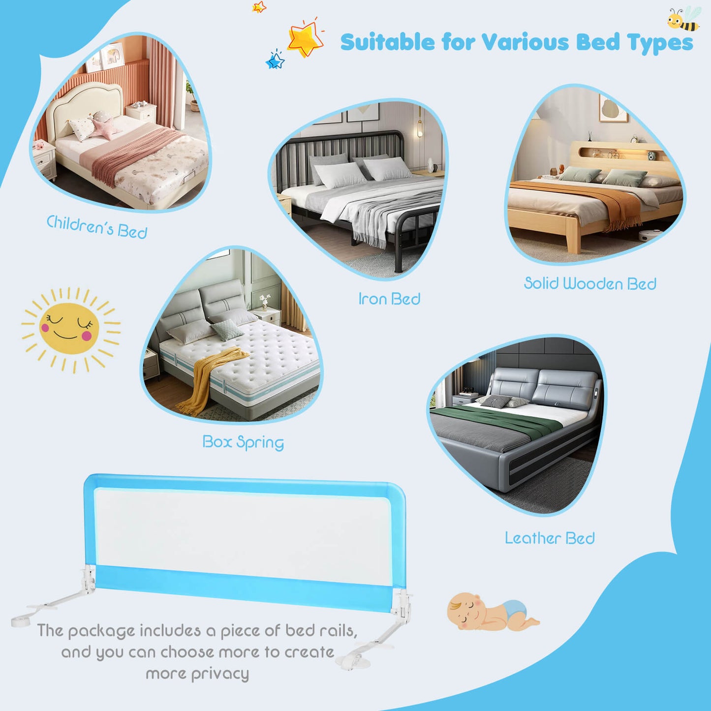 59 Inch Extra Long Folding Breathable Baby Children Toddlers Bed Rail Guard with Safety Strap-Blue Kids Crystal
