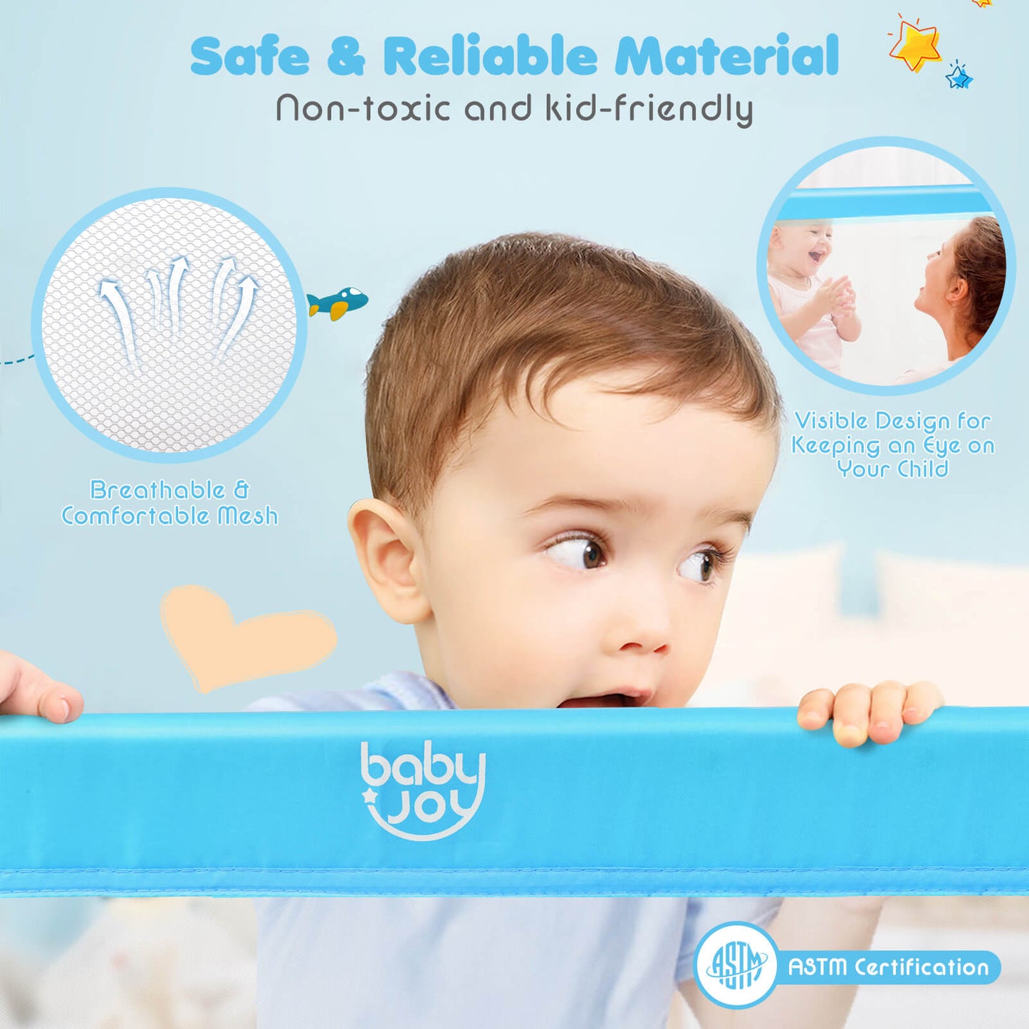59 Inch Extra Long Folding Breathable Baby Children Toddlers Bed Rail Guard with Safety Strap-Blue Kids Crystal
