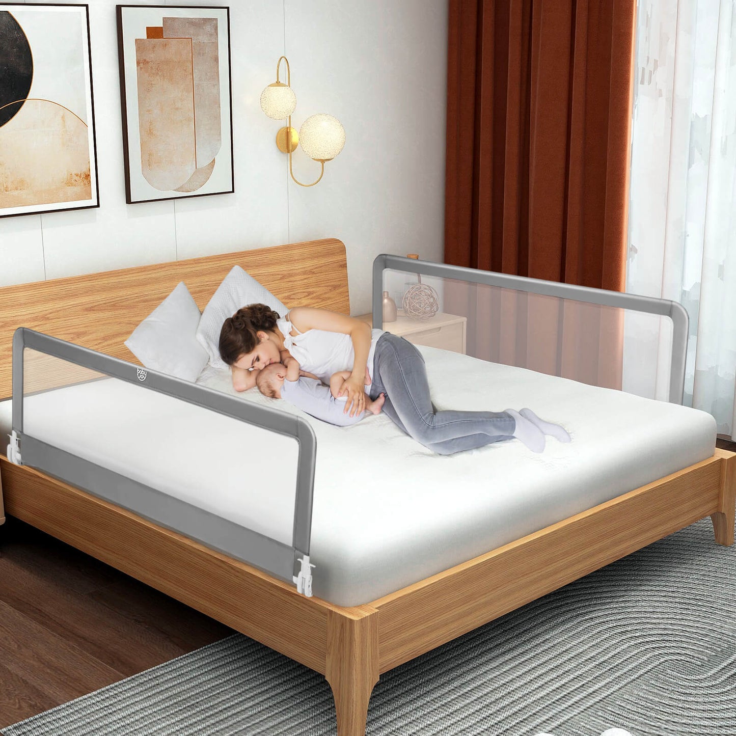 59 Inch Extra Long Folding Breathable Baby Children Toddlers Bed Rail Guard with Safety Strap-Gray Kids Crystal