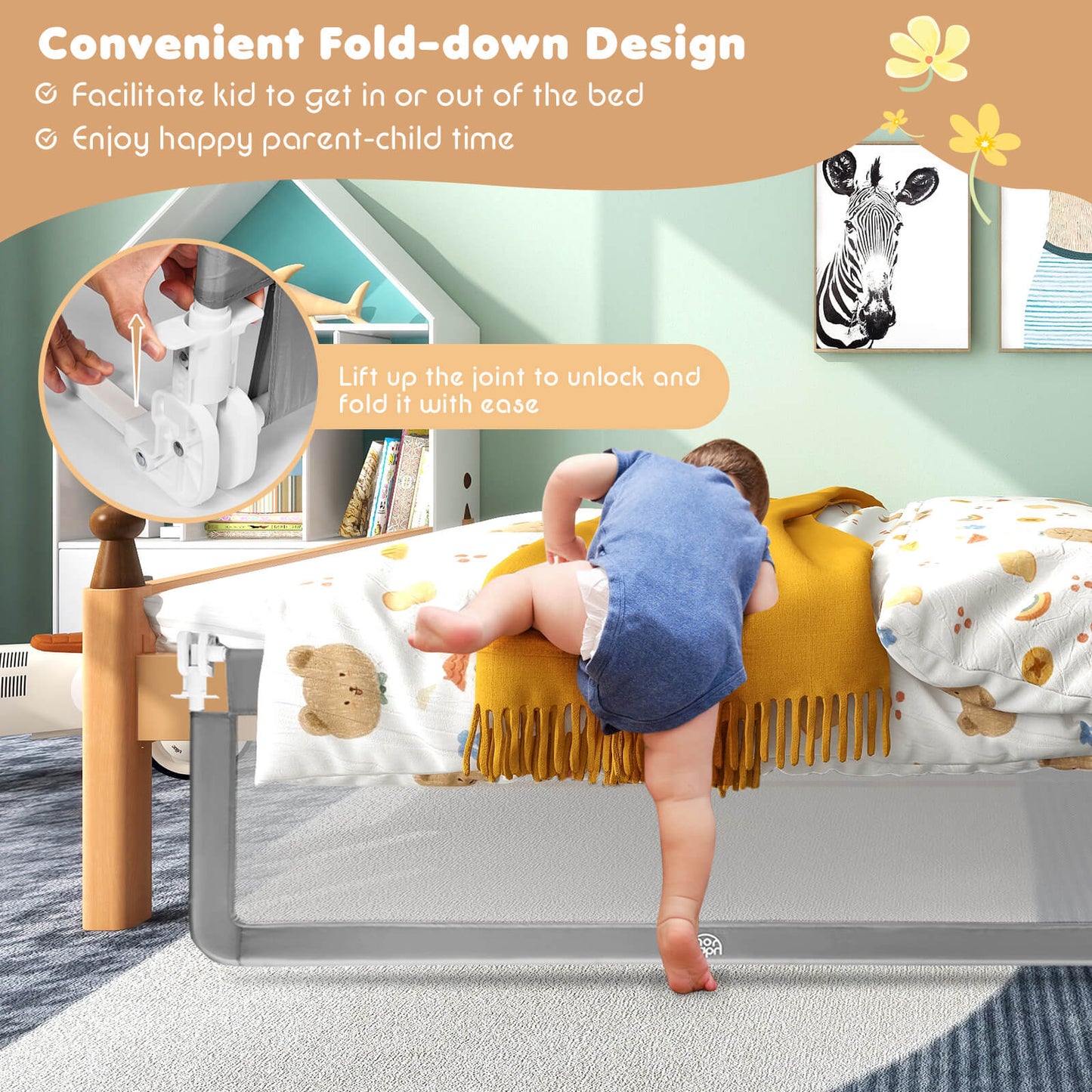 59 Inch Extra Long Folding Breathable Baby Children Toddlers Bed Rail Guard with Safety Strap-Gray Kids Crystal