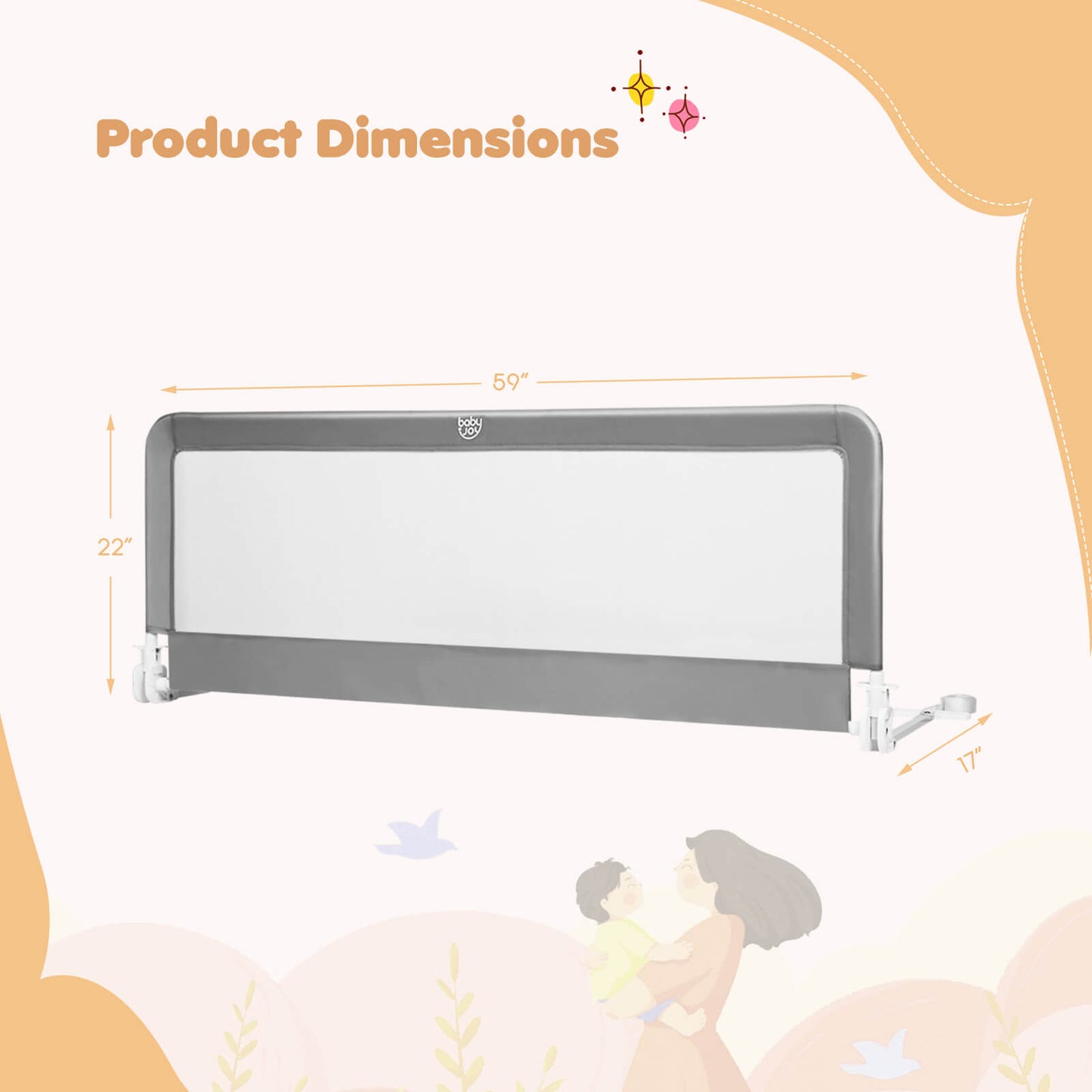 59 Inch Extra Long Folding Breathable Baby Children Toddlers Bed Rail Guard with Safety Strap-Gray Kids Crystal