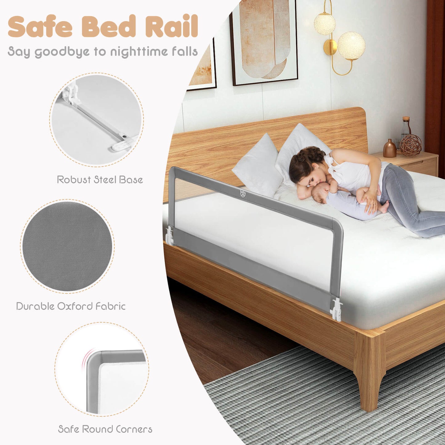 59 Inch Extra Long Folding Breathable Baby Children Toddlers Bed Rail Guard with Safety Strap-Gray Kids Crystal