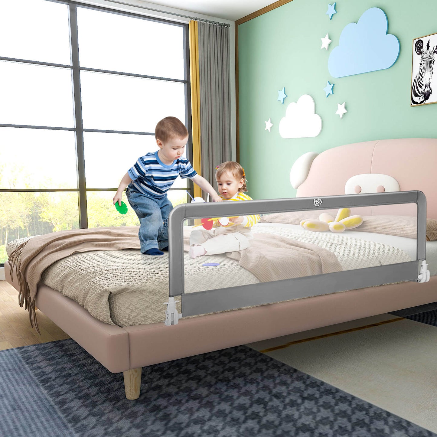 59 Inch Extra Long Folding Breathable Baby Children Toddlers Bed Rail Guard with Safety Strap-Gray Kids Crystal