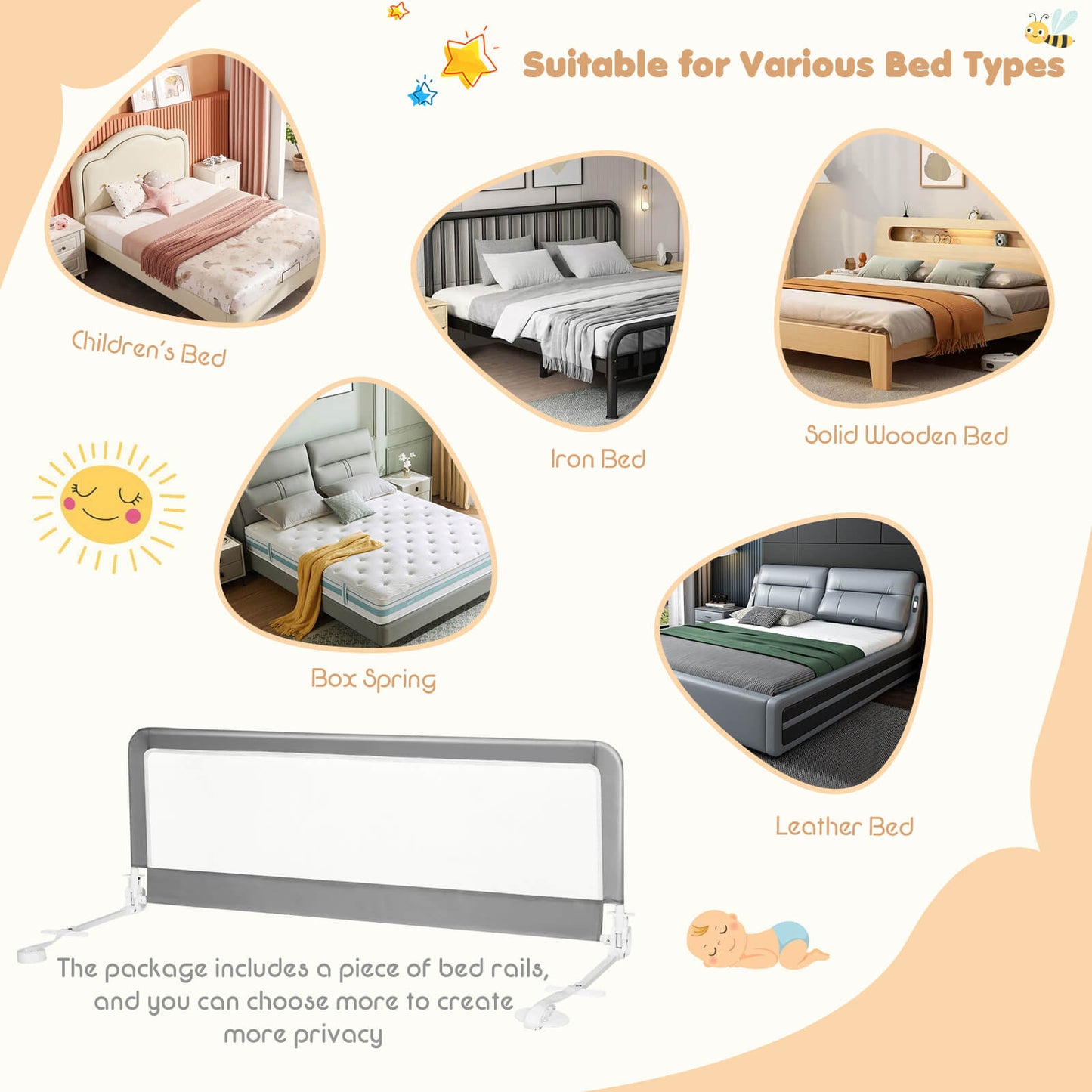 59 Inch Extra Long Folding Breathable Baby Children Toddlers Bed Rail Guard with Safety Strap-Gray Kids Crystal