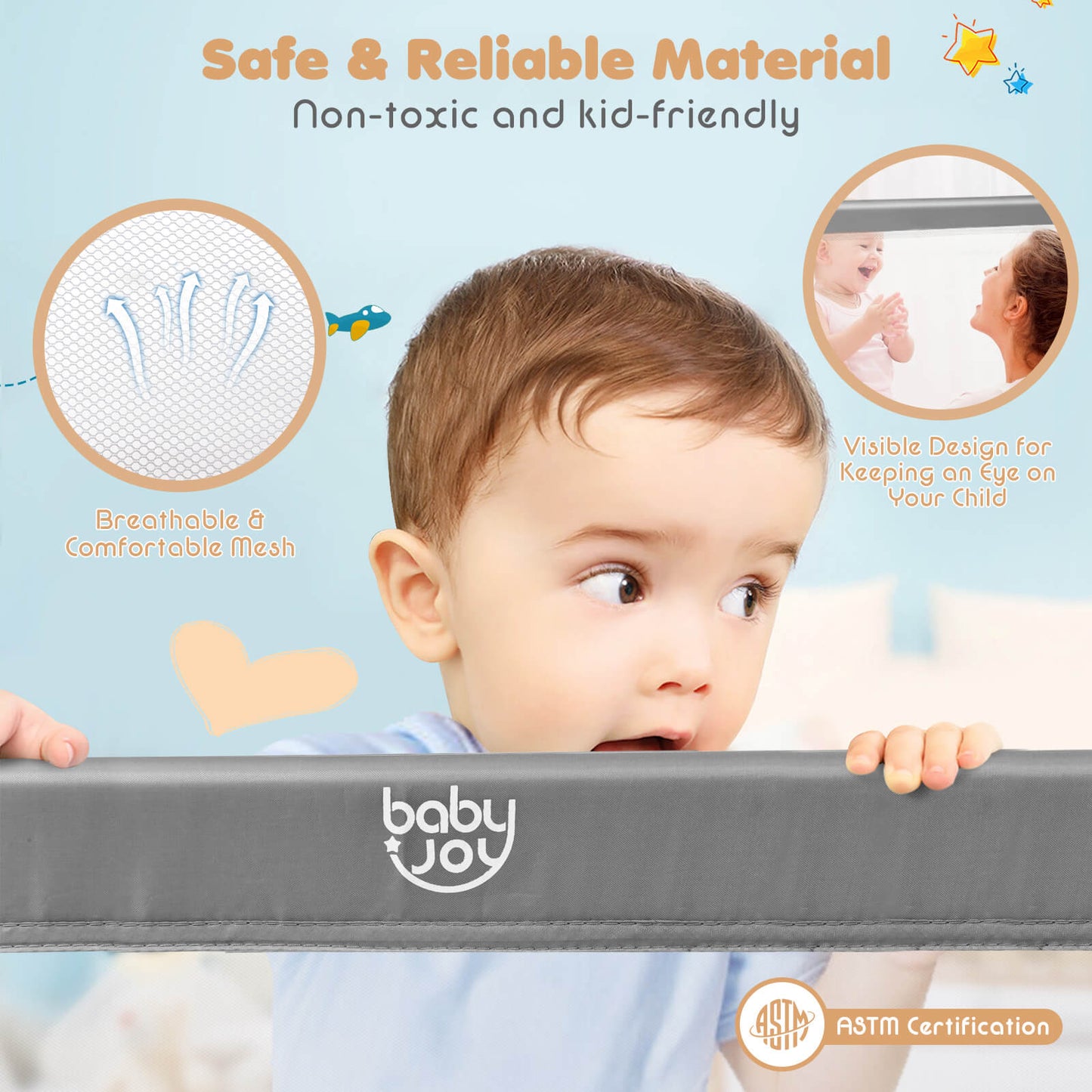 59 Inch Extra Long Folding Breathable Baby Children Toddlers Bed Rail Guard with Safety Strap-Gray Kids Crystal