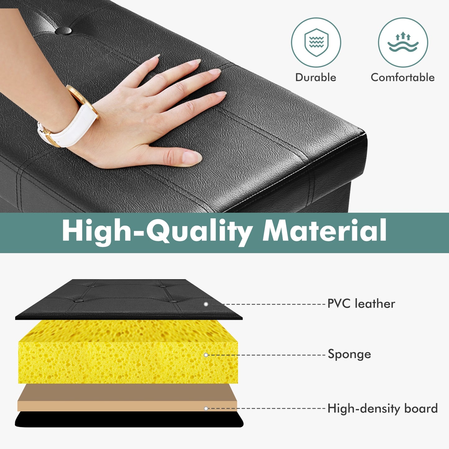 45 Inches Large Folding Ottoman Storage Seat-Black Kids Crystal