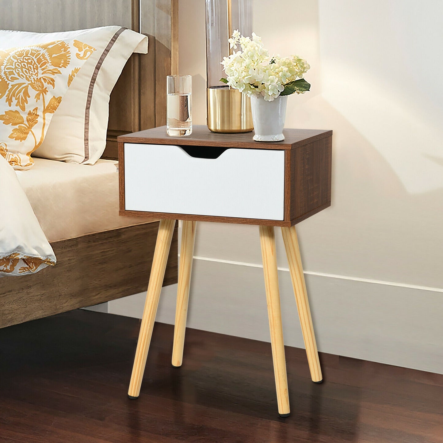 End Side Storage Drawer Nightstand with Solid Wooden Leg Kids Crystal