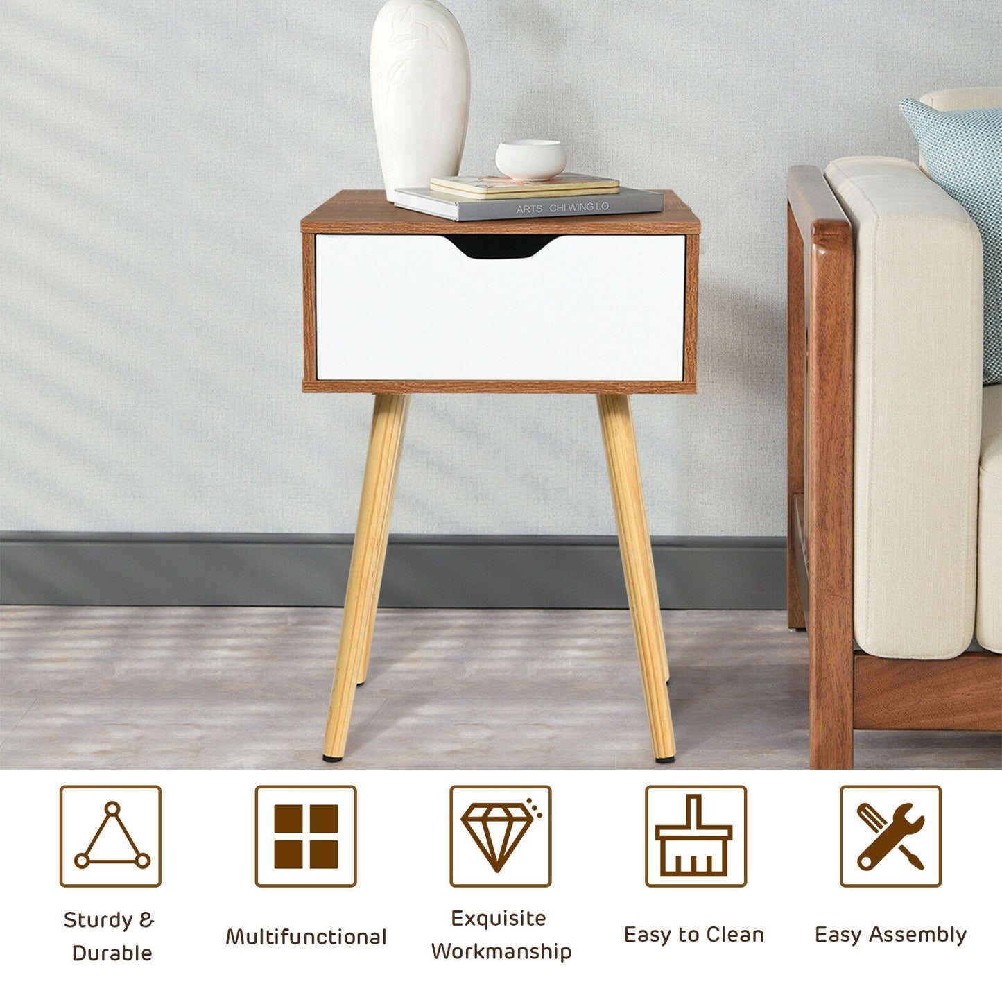 End Side Storage Drawer Nightstand with Solid Wooden Leg Kids Crystal
