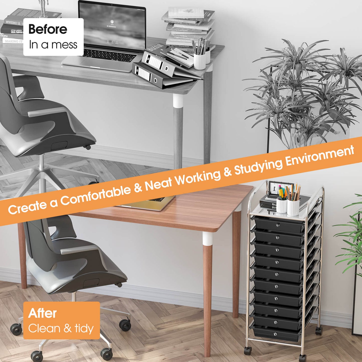 10 Drawer Rolling Storage Cart Organizer with 4 Universal Casters-Black Kids Crystal