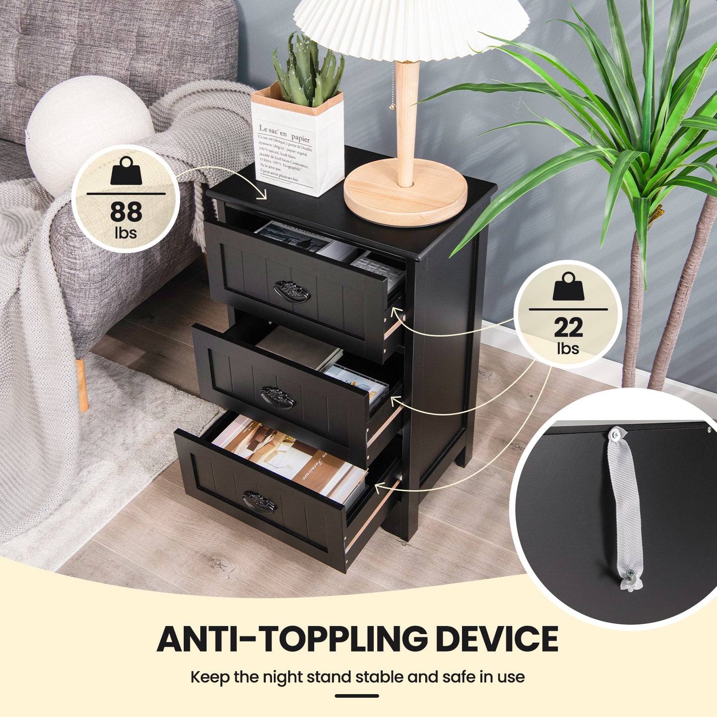 3 Drawers End Storage Wood Side Nightstand-Black Kids Crystal