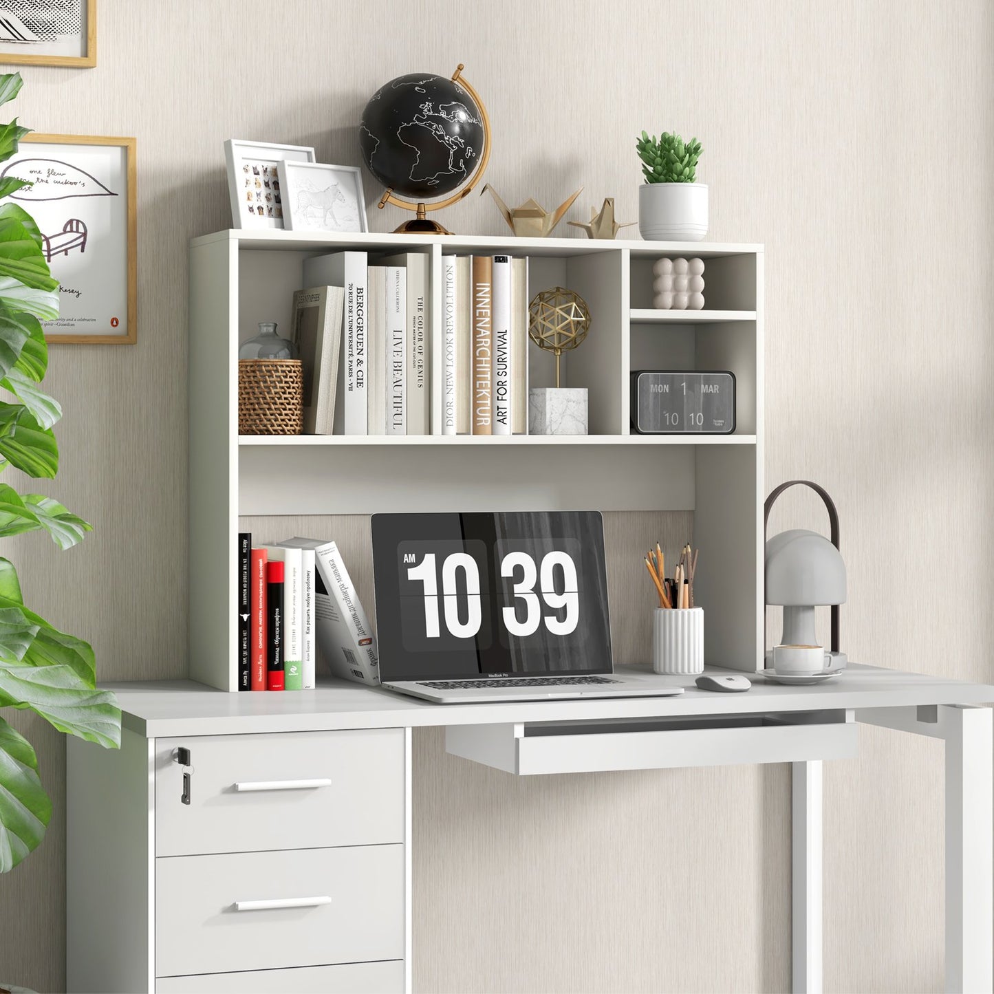Computer Desktop Bookcase with 4 Cubbies and Open Back Compartment-White Kids Crystal
