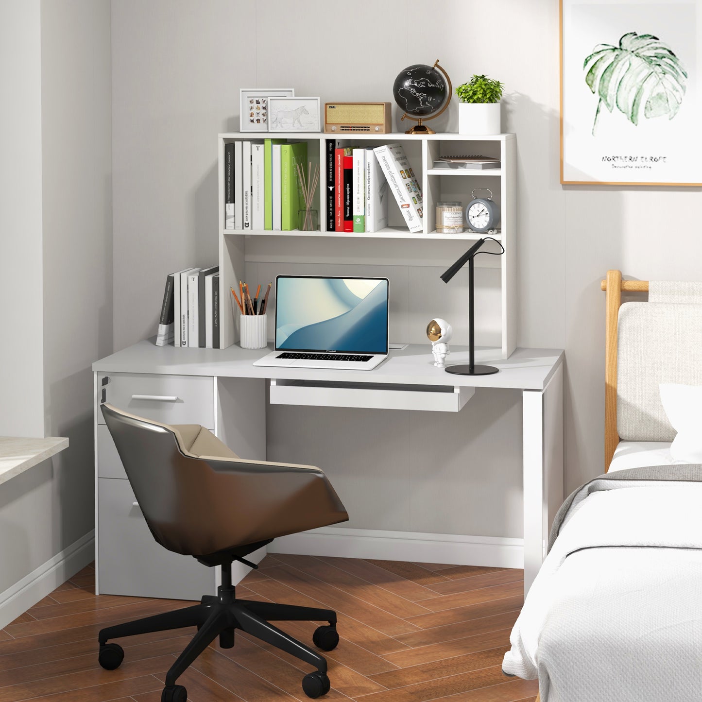 Computer Desktop Bookcase with 4 Cubbies and Open Back Compartment-White Kids Crystal