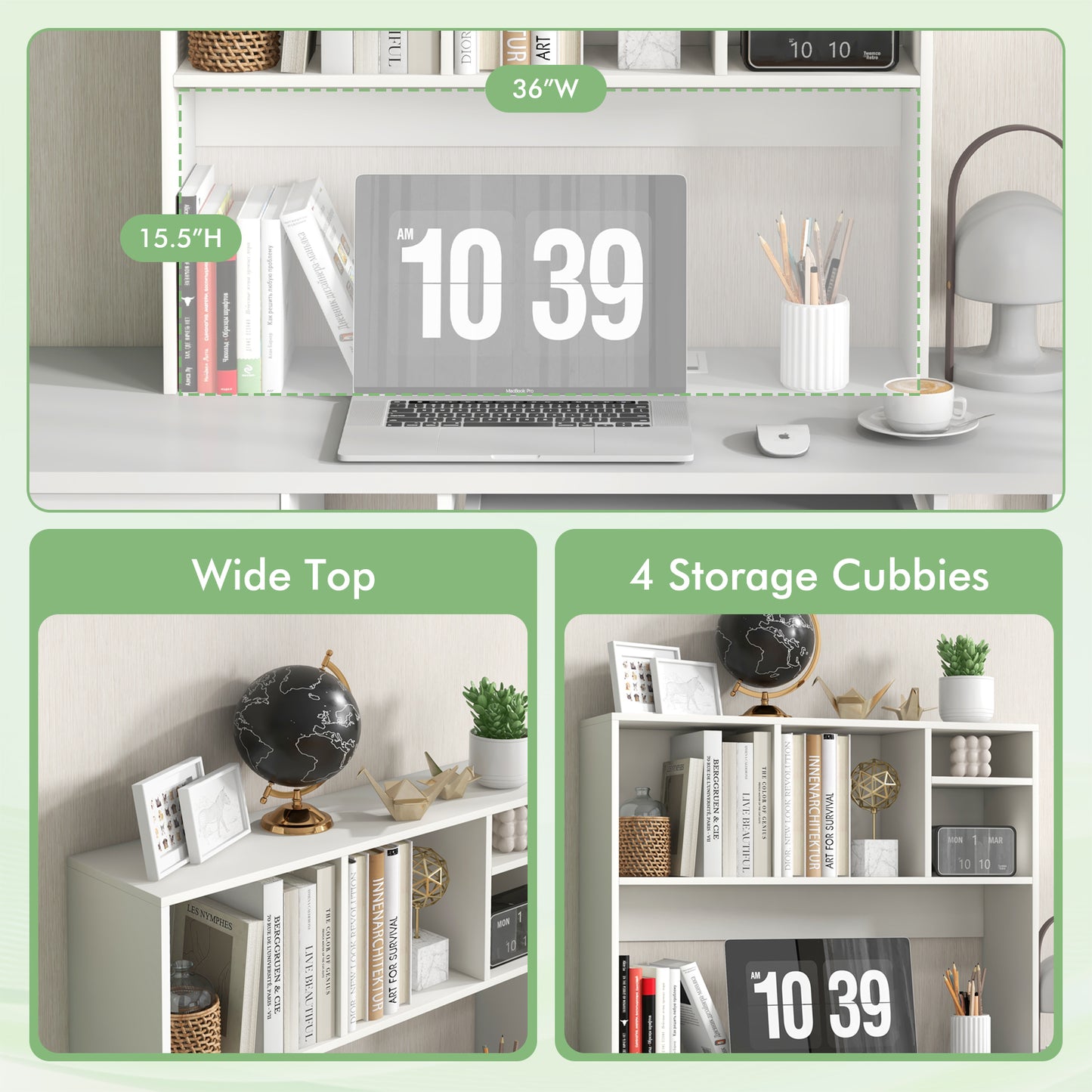 Computer Desktop Bookcase with 4 Cubbies and Open Back Compartment-White Kids Crystal