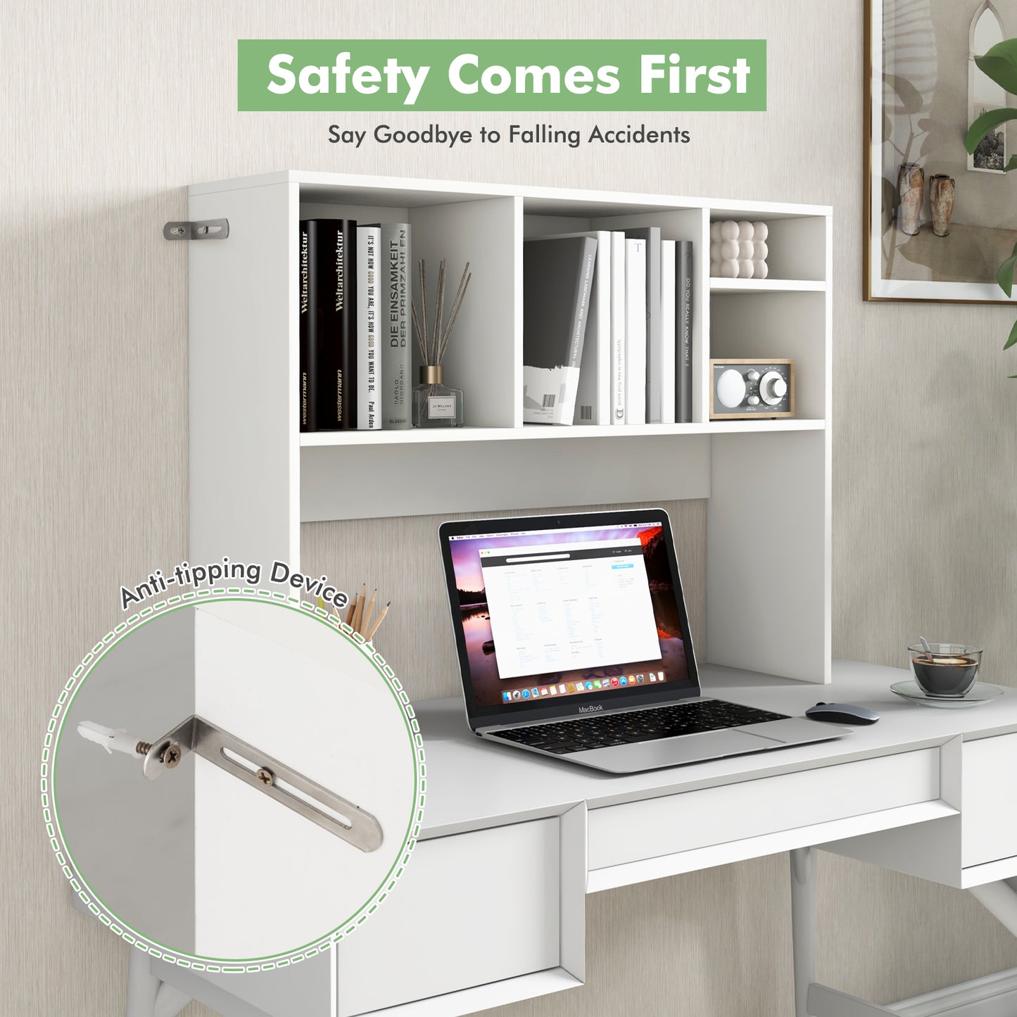 Computer Desktop Bookcase with 4 Cubbies and Open Back Compartment-White Kids Crystal
