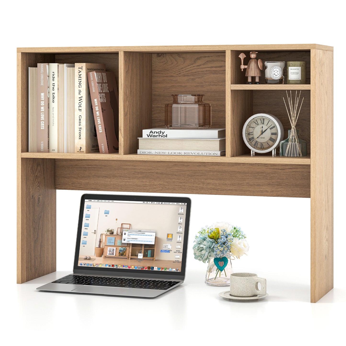 Computer Desktop Bookcase with 4 Cubbies and Open Back Compartment-Natural Kids Crystal